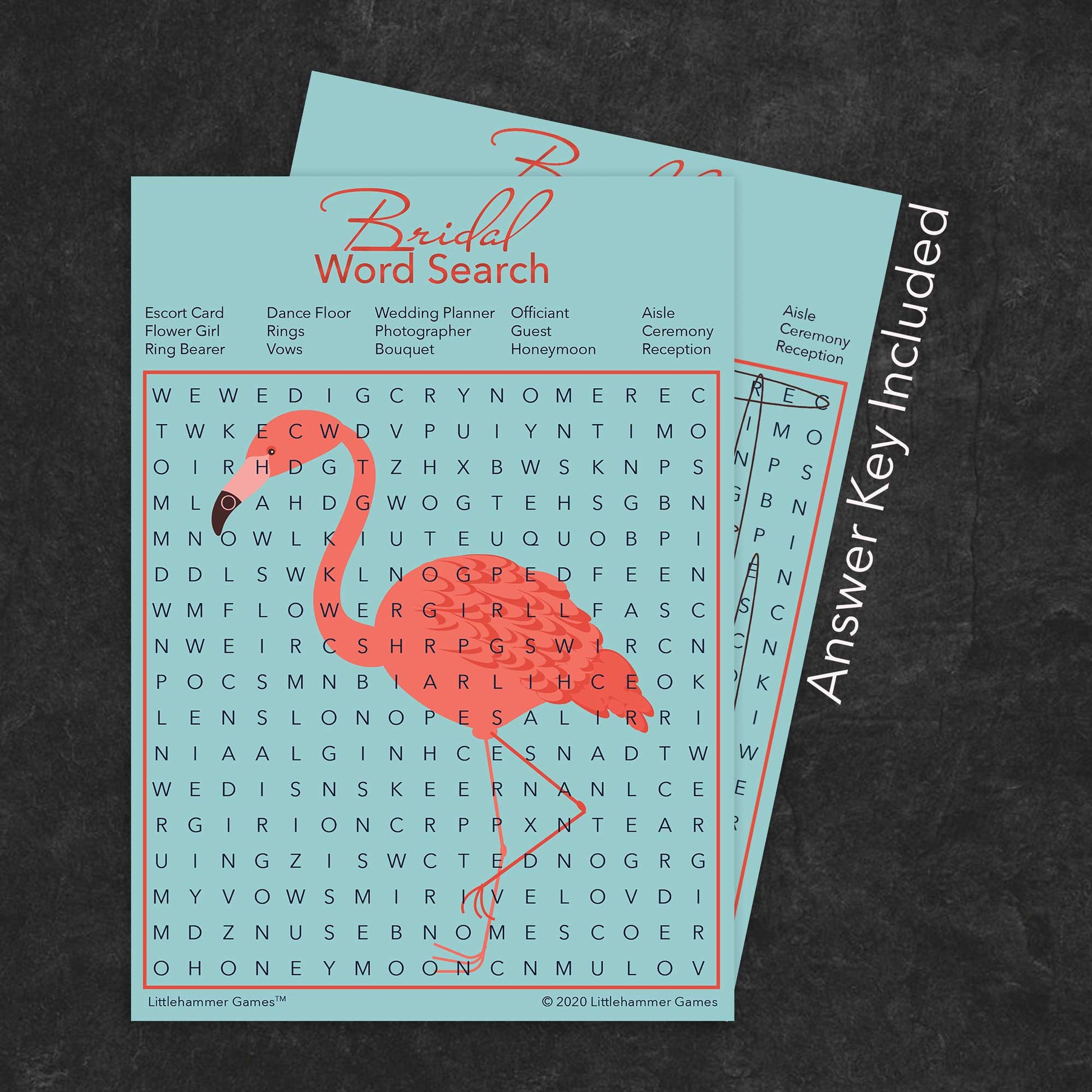 Bridal Word Search game card with a flamingo background with answer card tucked behind it on a slate background with white text that says "Answer Key Included"