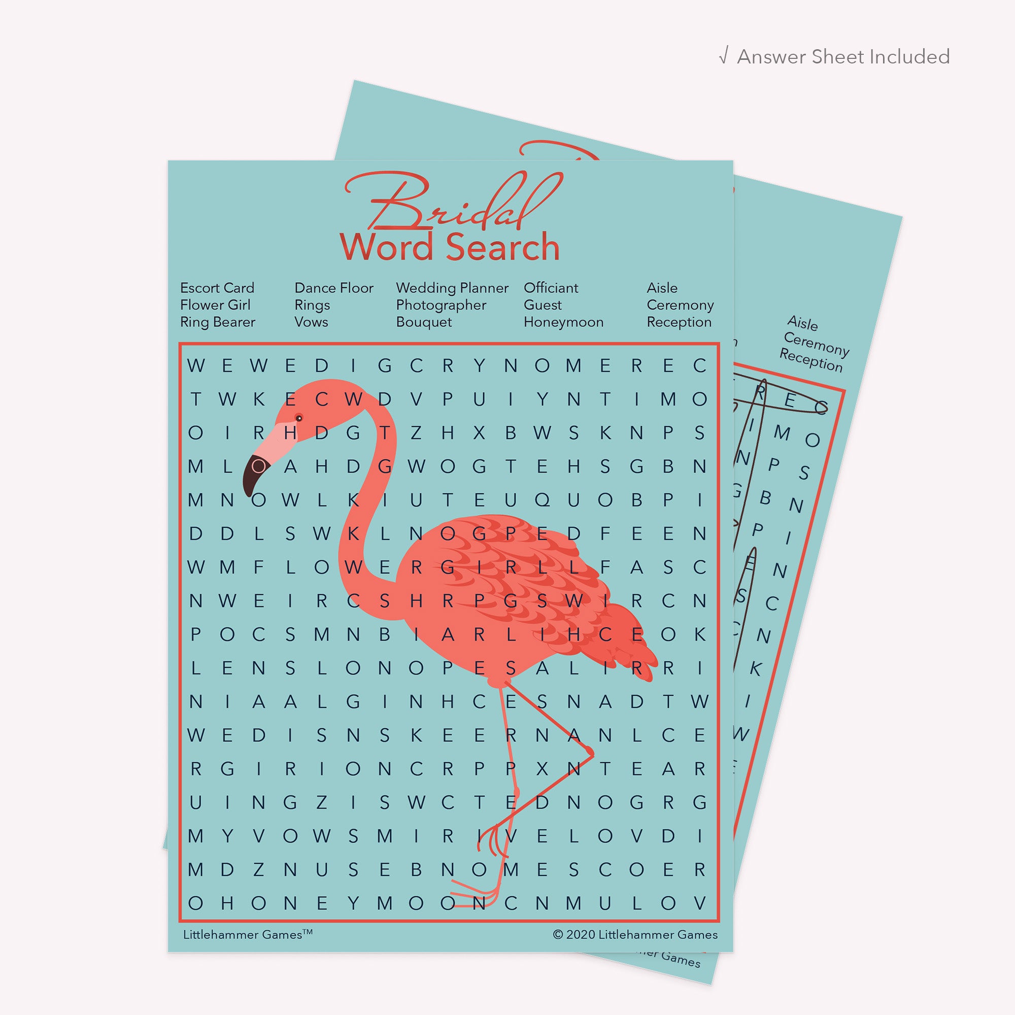 Bridal Word Search game card with a flamingo background with answer card tucked behind it on a slate background with white text that says "Answer Key Included"