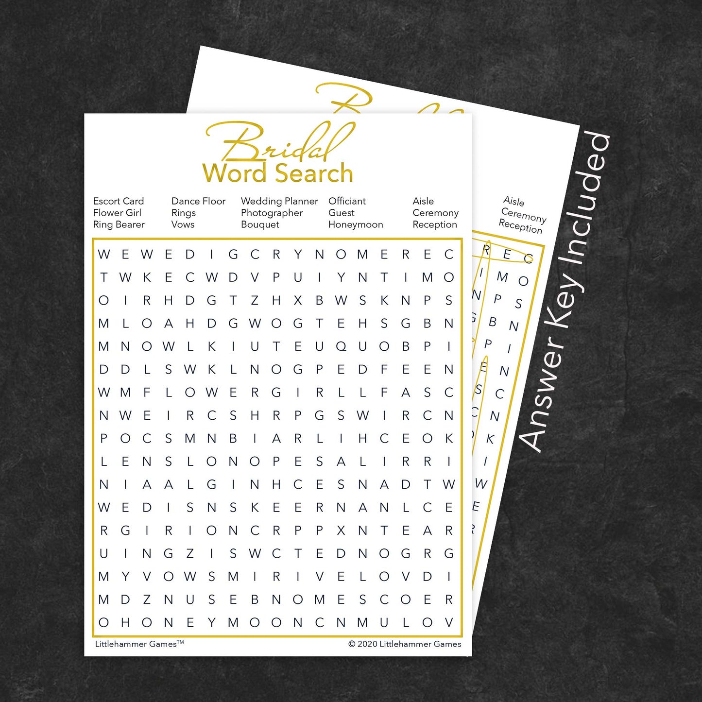 Bridal Word Search game card with a gold and white background with answer card tucked behind it on a slate background with white text that says "Answer Key Included"