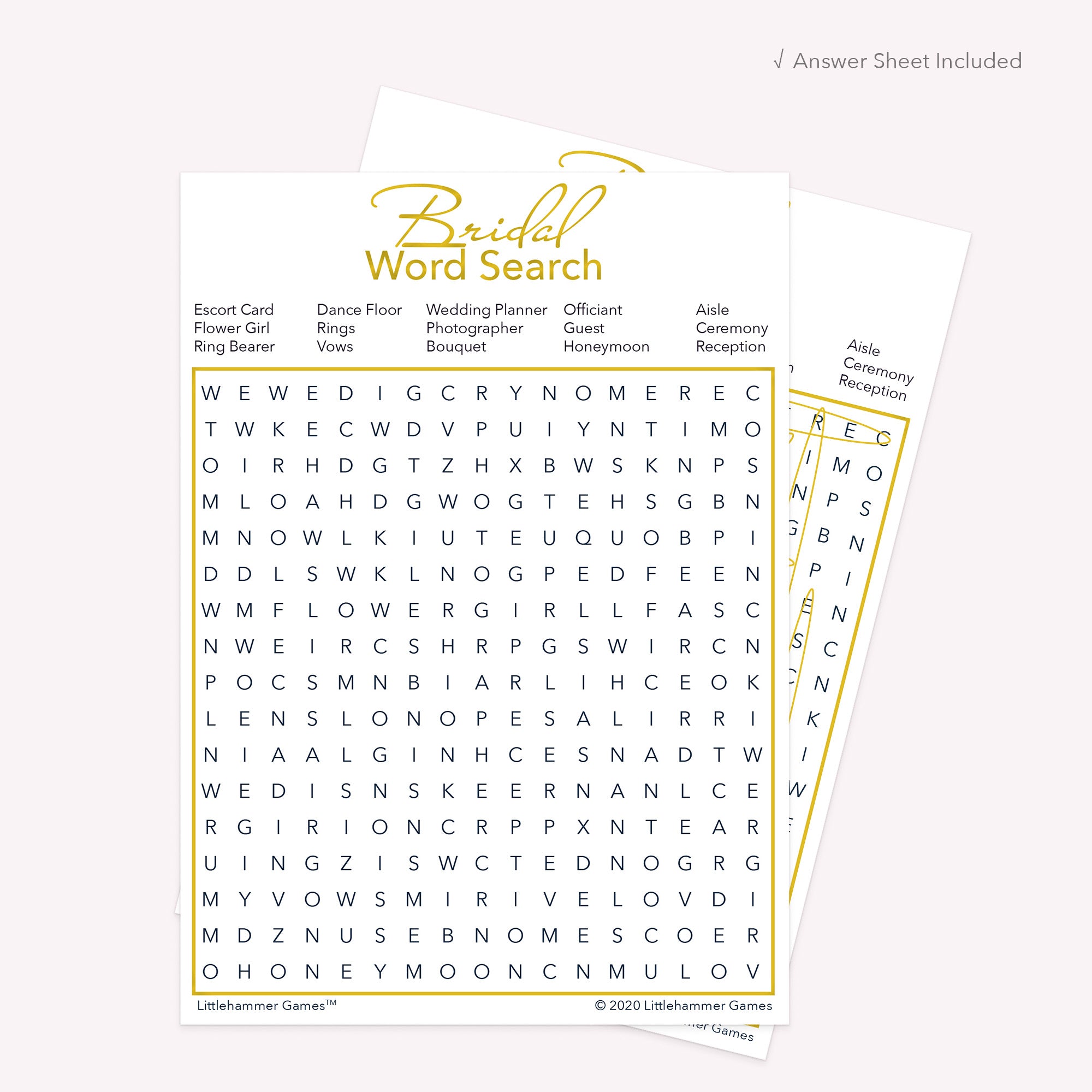 Bridal Word Search game card with a gold and white background with answer card tucked behind it on a slate background with white text that says "Answer Key Included"