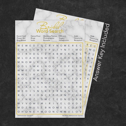 Bridal Word Search game card with a gold and marble background with answer card tucked behind it on a slate background with white text that says "Answer Key Included"