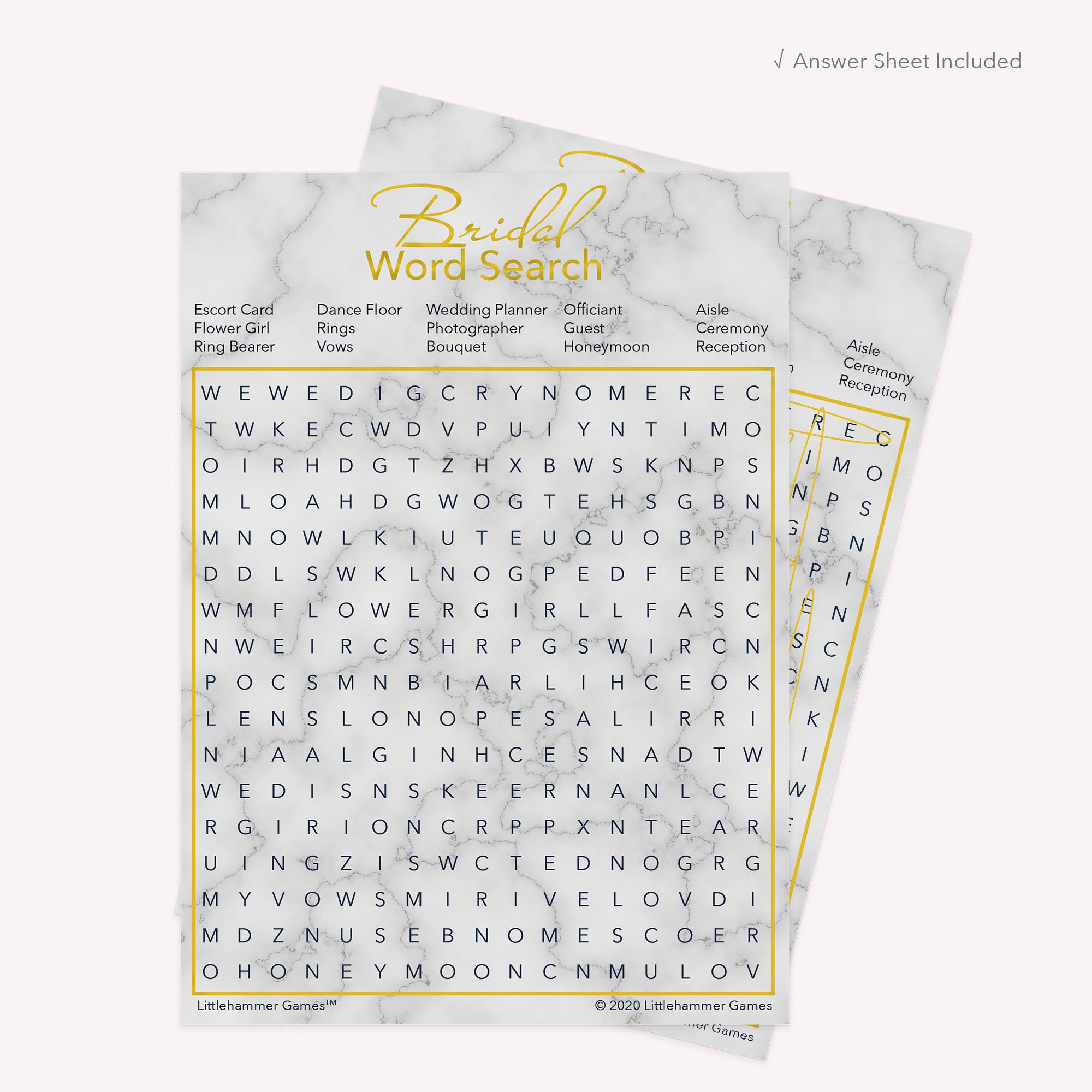 Bridal Word Search game card with a gold and marble background with answer card tucked behind it on a slate background with white text that says "Answer Key Included"