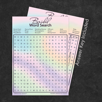 Bridal Word Search game card with a hologram-themed background with answer card tucked behind it on a slate background with white text that says "Answer Key Included"
