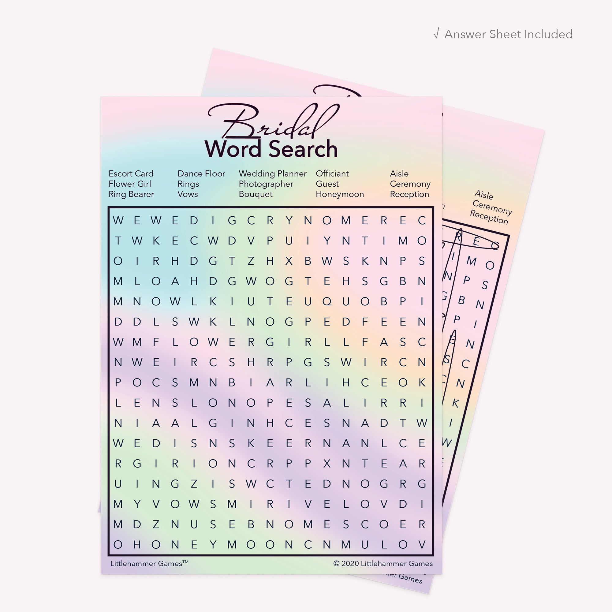 Bridal Word Search game card with a hologram-themed background with answer card tucked behind it on a slate background with white text that says "Answer Key Included"