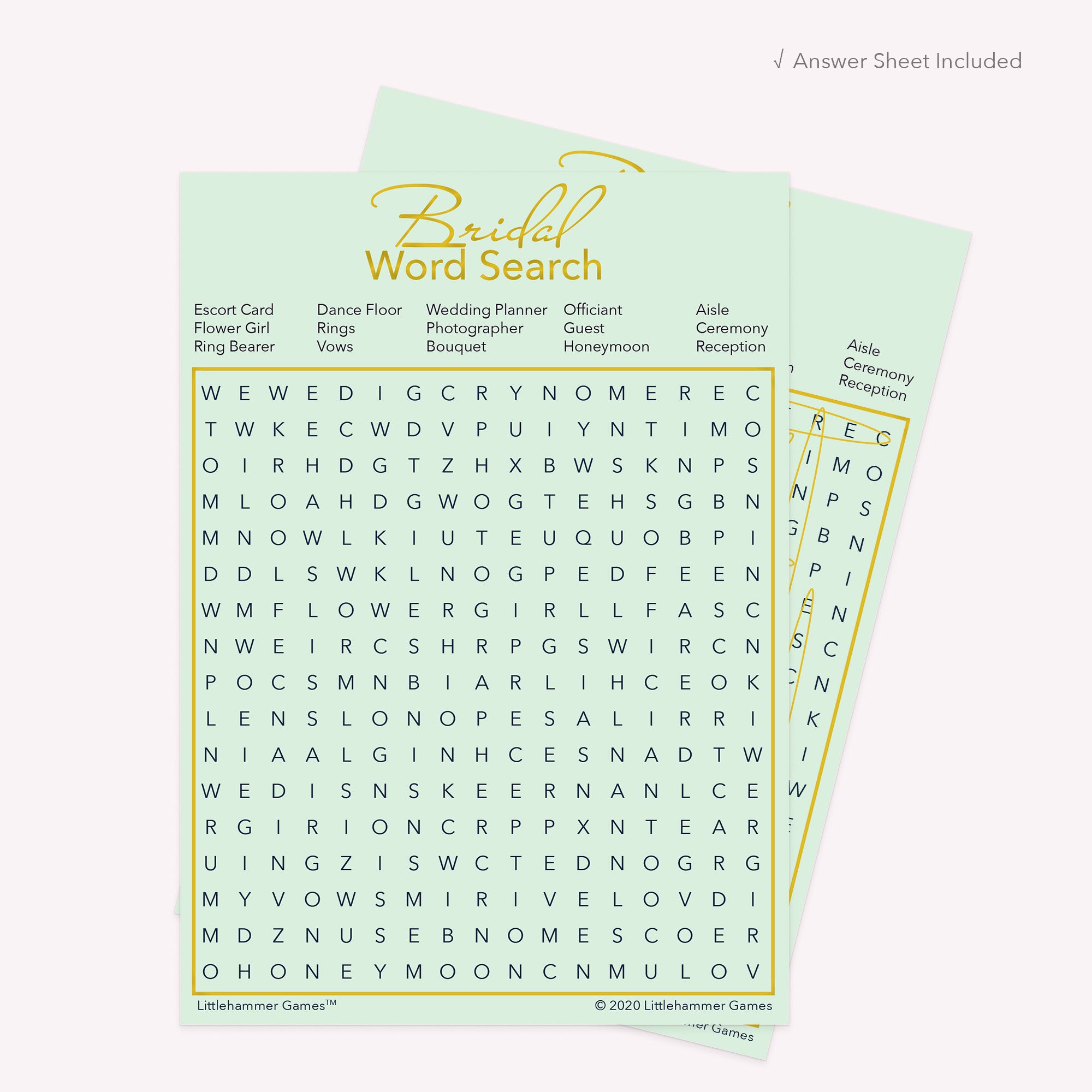 Bridal Word Search game card with a mint and gold background with answer card tucked behind it on a slate background with white text that says "Answer Key Included"