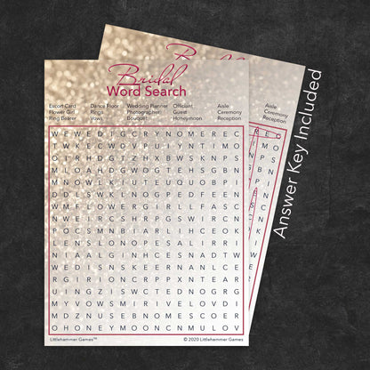 Bridal Word Search game card with a glittery rose gold background with answer card tucked behind it on a slate background with white text that says "Answer Key Included"