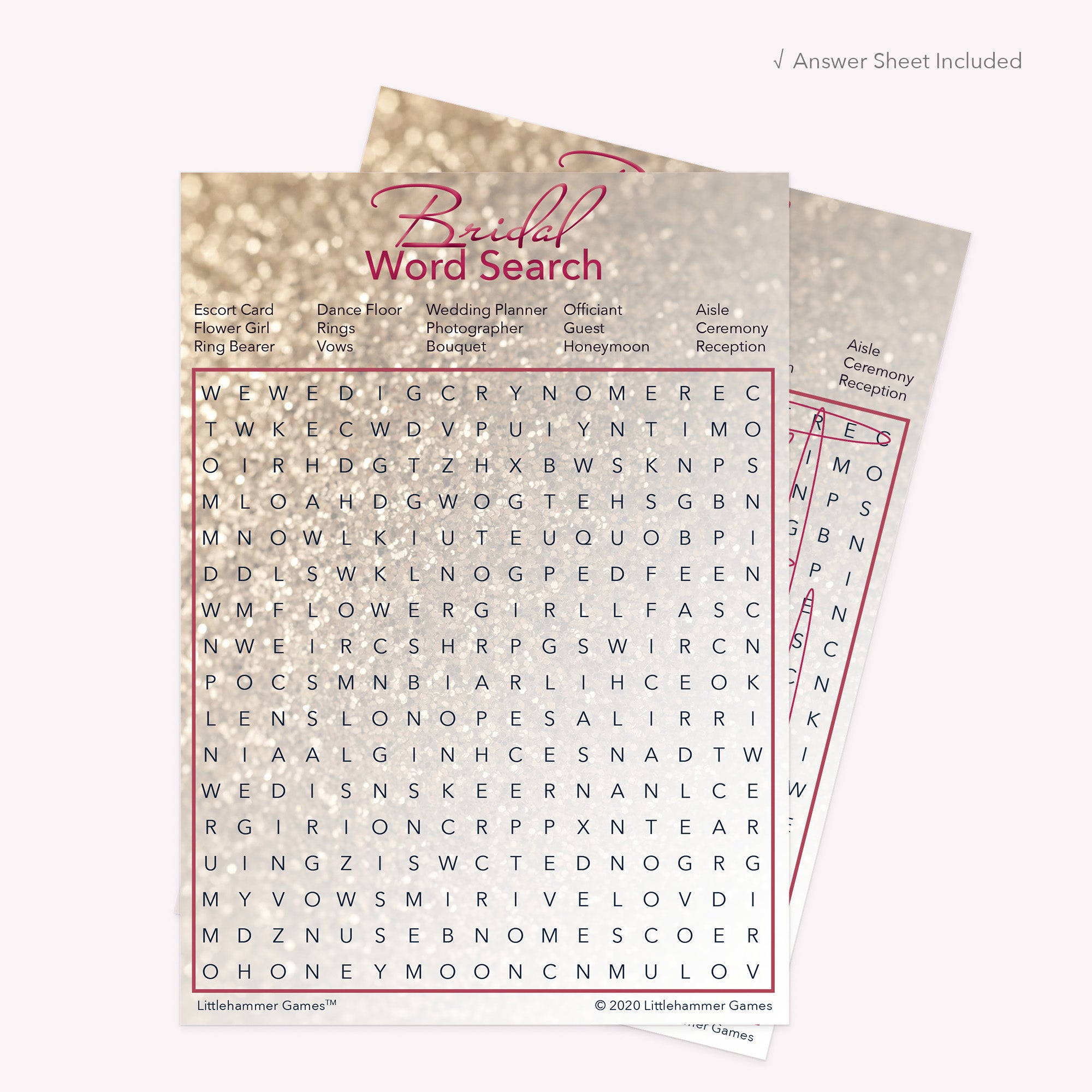 Bridal Word Search game card with a glittery rose gold background with answer card tucked behind it on a slate background with white text that says "Answer Key Included"