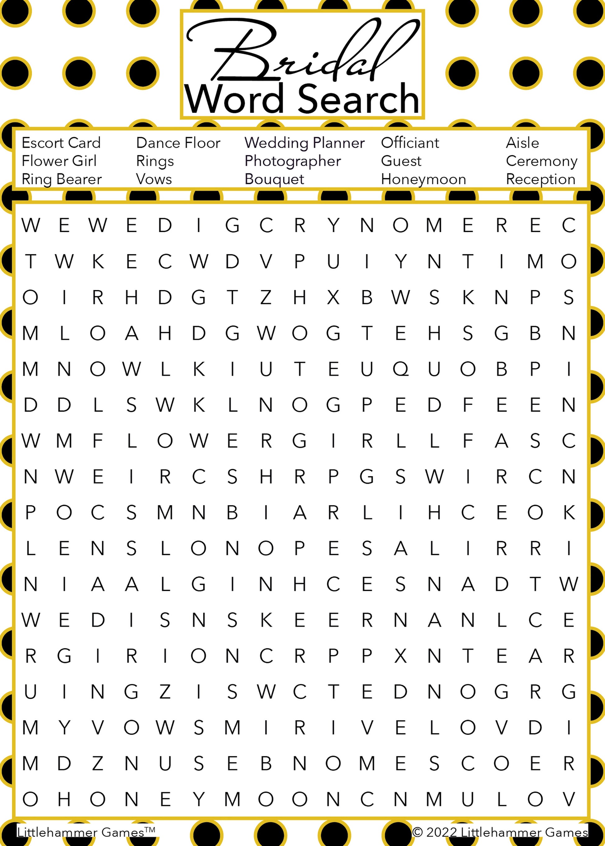 Bridal Word Search game card with a black and gold polka dot background