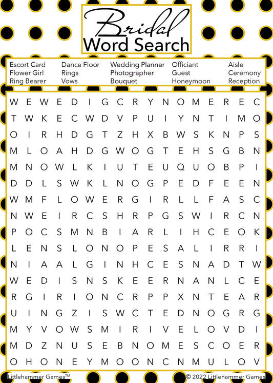 Bridal Word Search game card with a black and gold polka dot background
