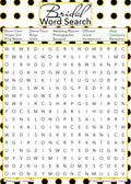 Bridal Word Search game card with a black and gold polka dot background