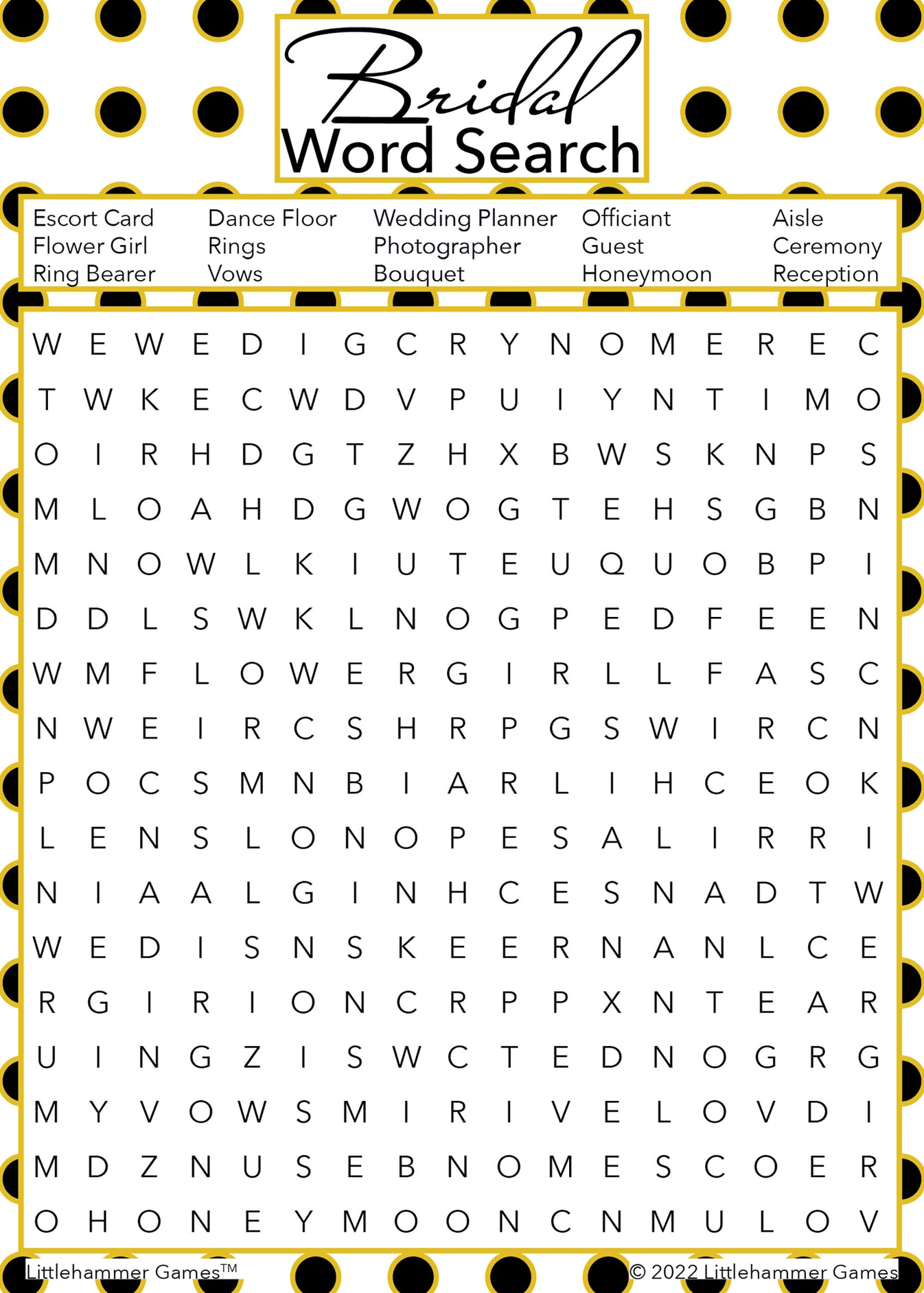 Bridal Word Search - Black and Gold Polka Dot Printable Game Cards ...