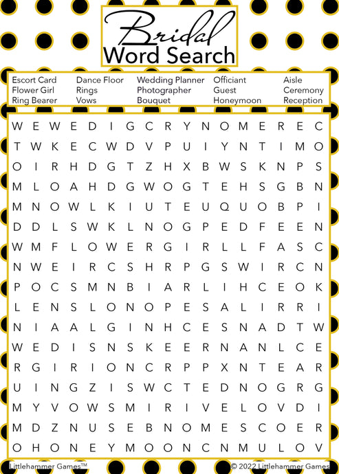 Bridal Word Search - Black and Gold Polka Dot Printable Game Cards ...