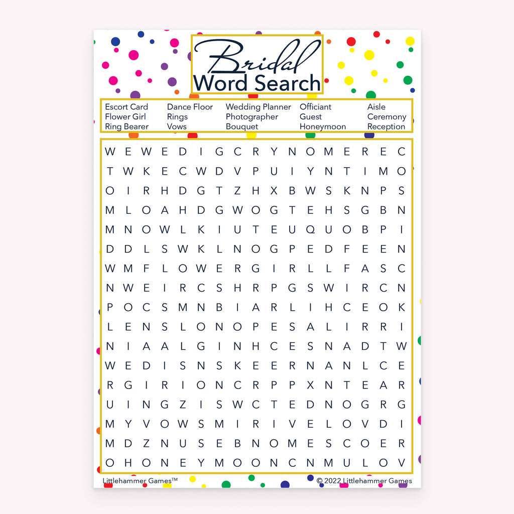 Bridal Word Search game card with a rainbow polka dot background
