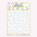 Bridal Word Search game card with a rainbow polka dot background