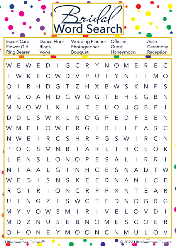 Bridal Word Search - Rainbow Polka Dot Printable Game Cards ...