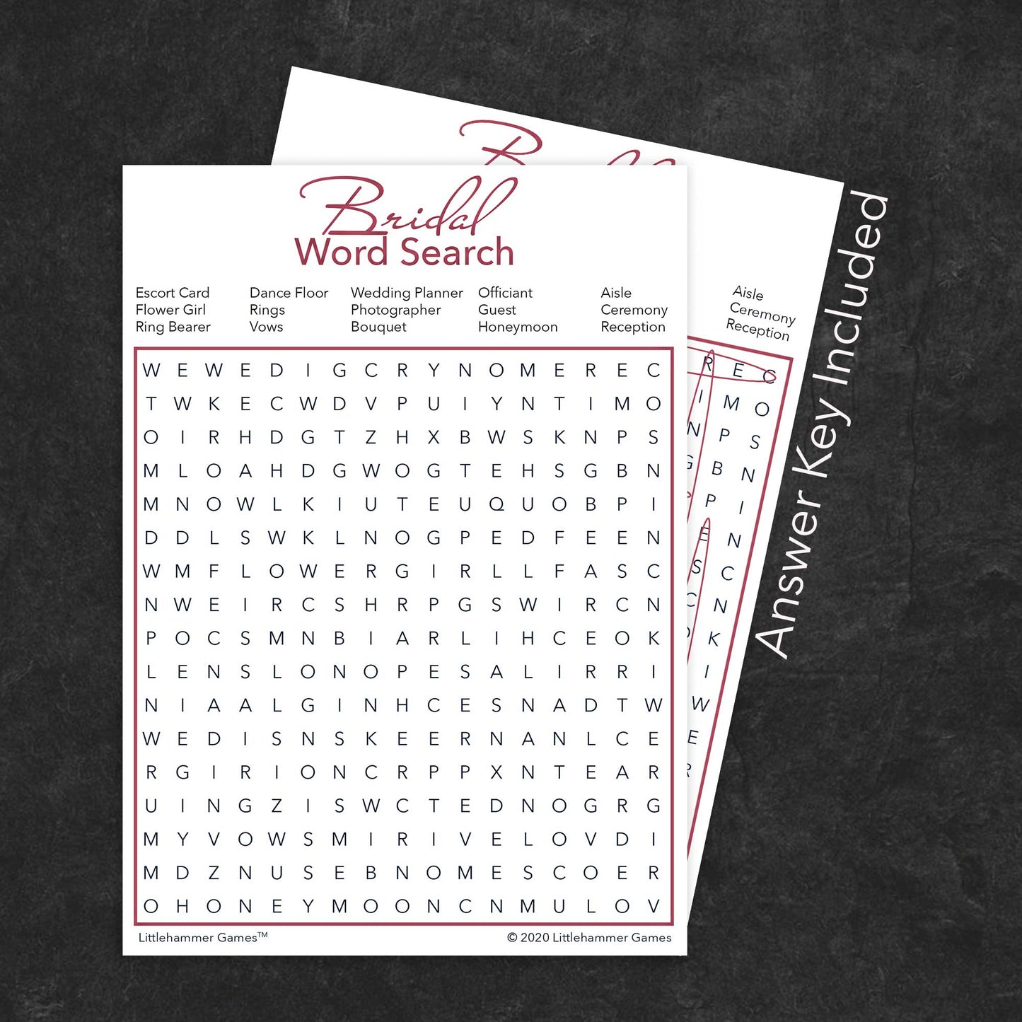 Bridal Word Search game card with a rose gold and white background with answer card tucked behind it on a slate background with white text that says "Answer Key Included"