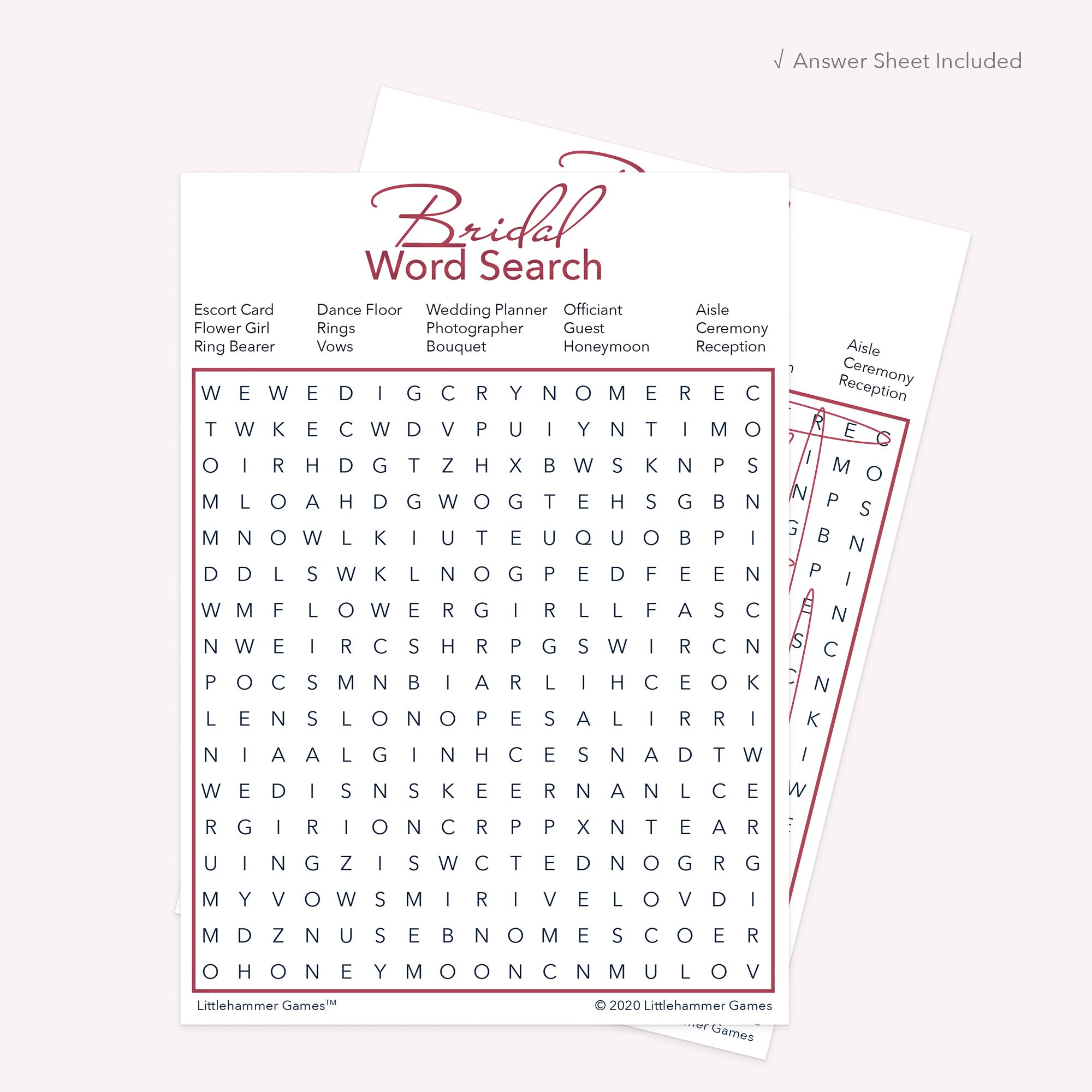 Bridal Word Search game card with a rose gold and white background with answer card tucked behind it on a slate background with white text that says "Answer Key Included"