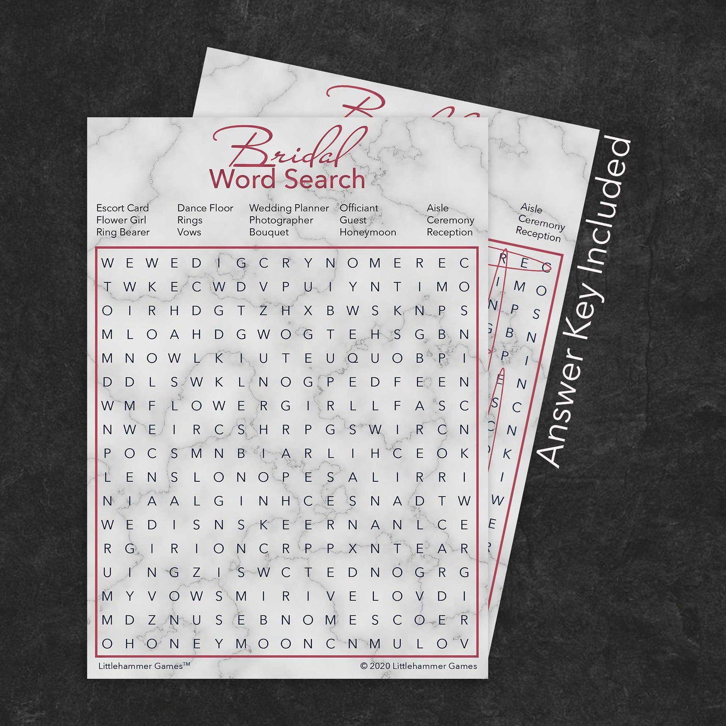 Bridal Word Search game card with a rose gold and marble background with answer card tucked behind it on a slate background with white text that says "Answer Key Included"