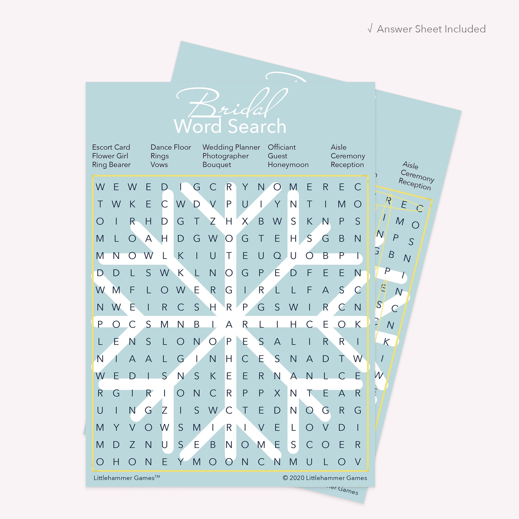 Bridal Word Search game card with a snowflake-themed background with answer card tucked behind it on a slate background with white text that says "Answer Key Included"