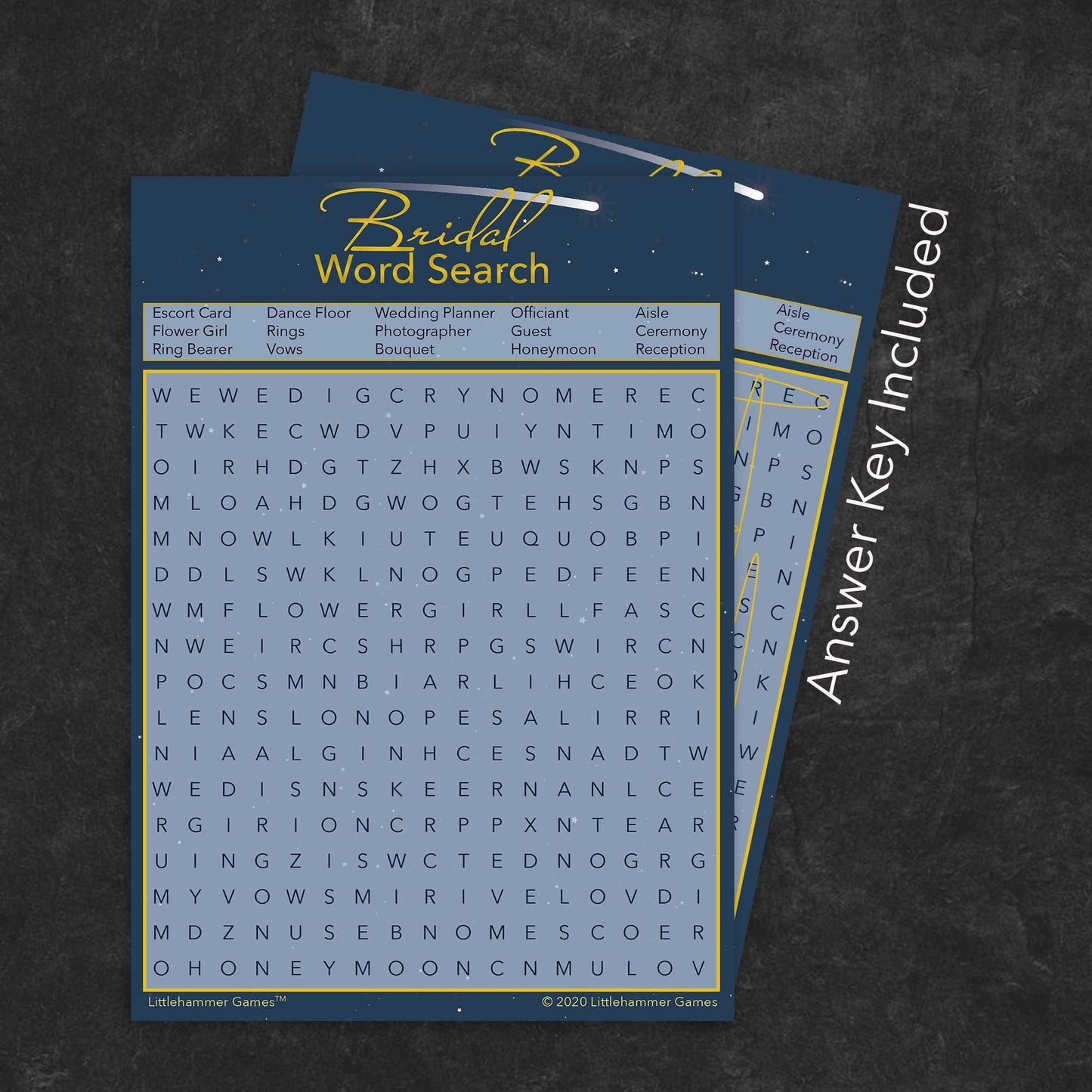 Bridal Word Search game card with a celestial-themed background with answer card tucked behind it on a slate background with white text that says "Answer Key Included"
