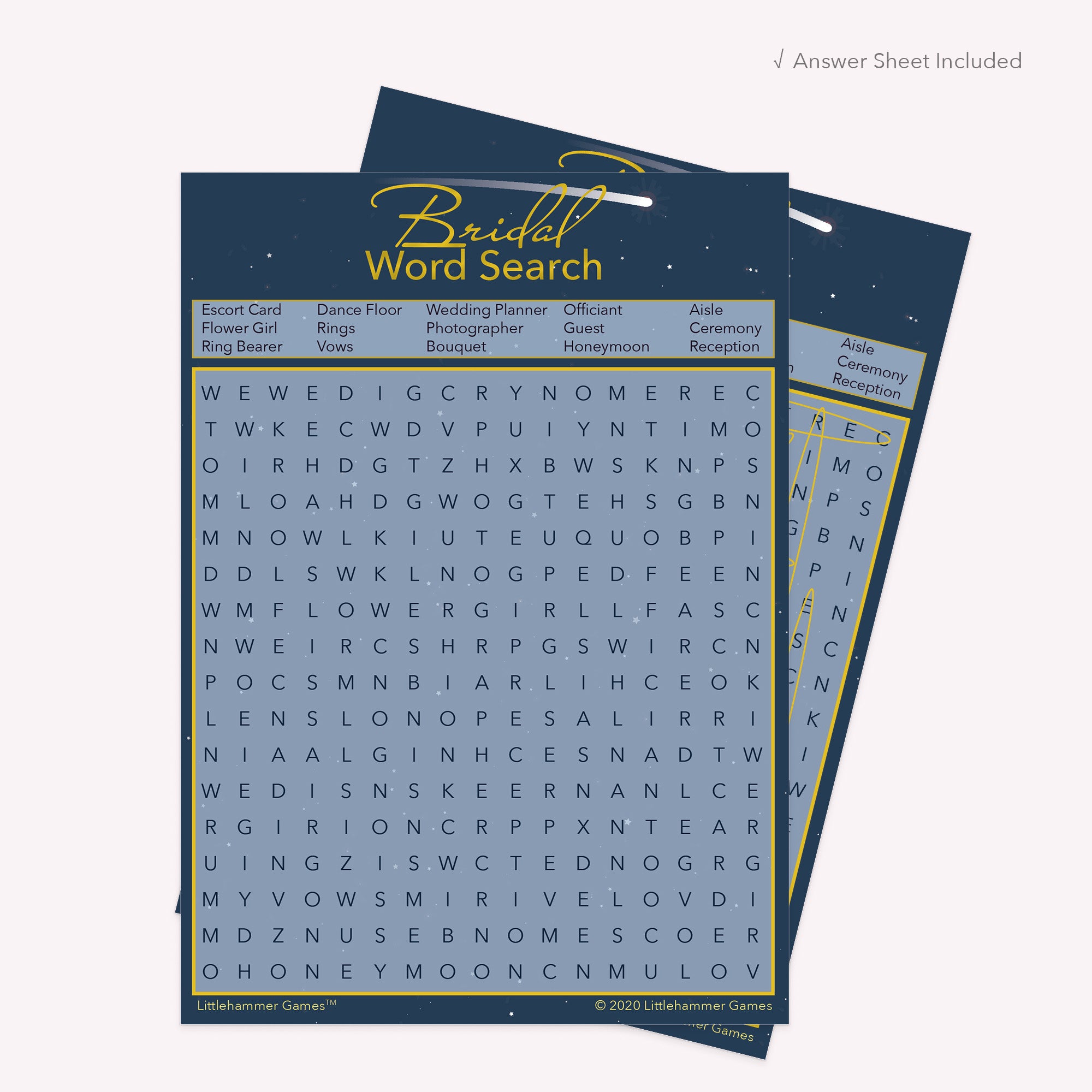 Bridal Word Search game card with a celestial-themed background with answer card tucked behind it on a slate background with white text that says "Answer Key Included"