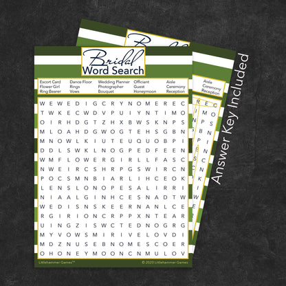 Bridal Word Search game card with a green-striped background with answer card tucked behind it on a slate background with white text that says "Answer Key Included"