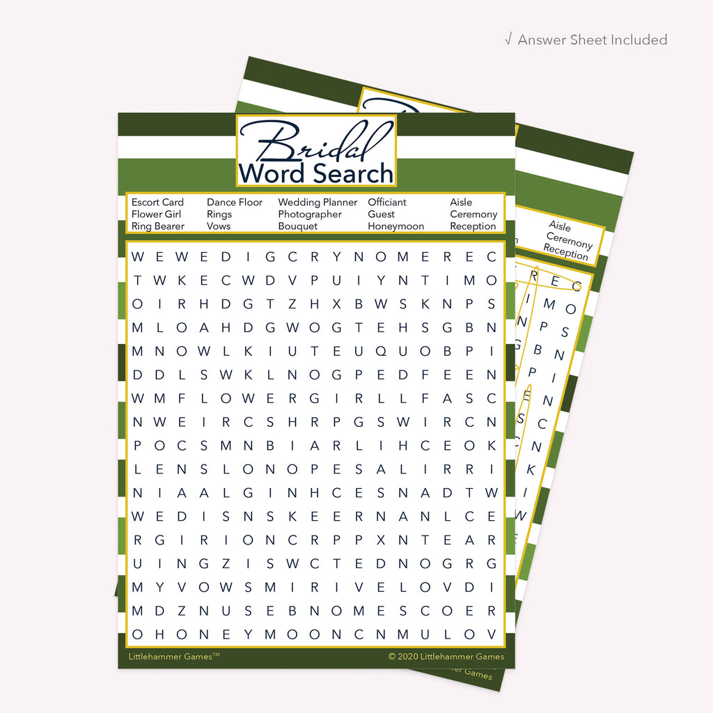 Bridal Word Search game card with a green-striped background with answer card tucked behind it on a slate background with white text that says "Answer Key Included"