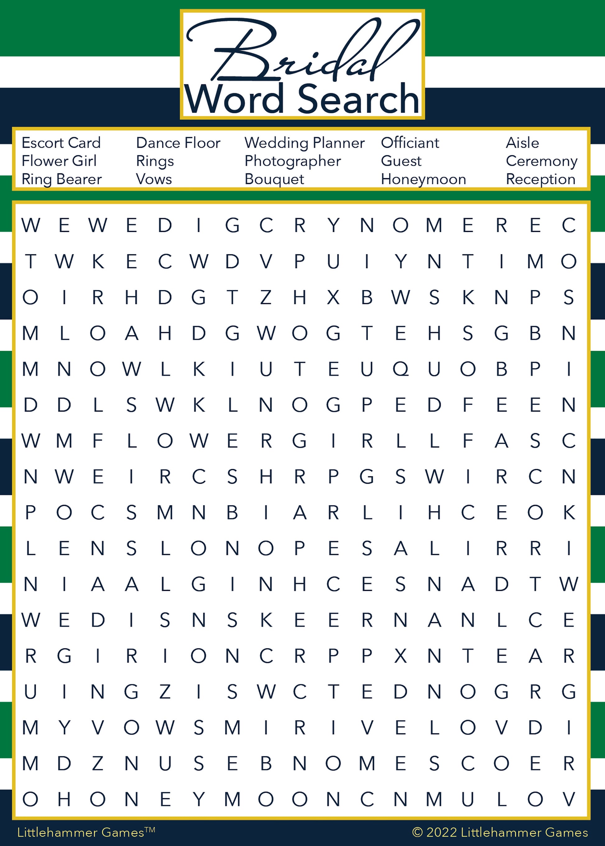 Bridal Word Search game card with a green and navy-striped background