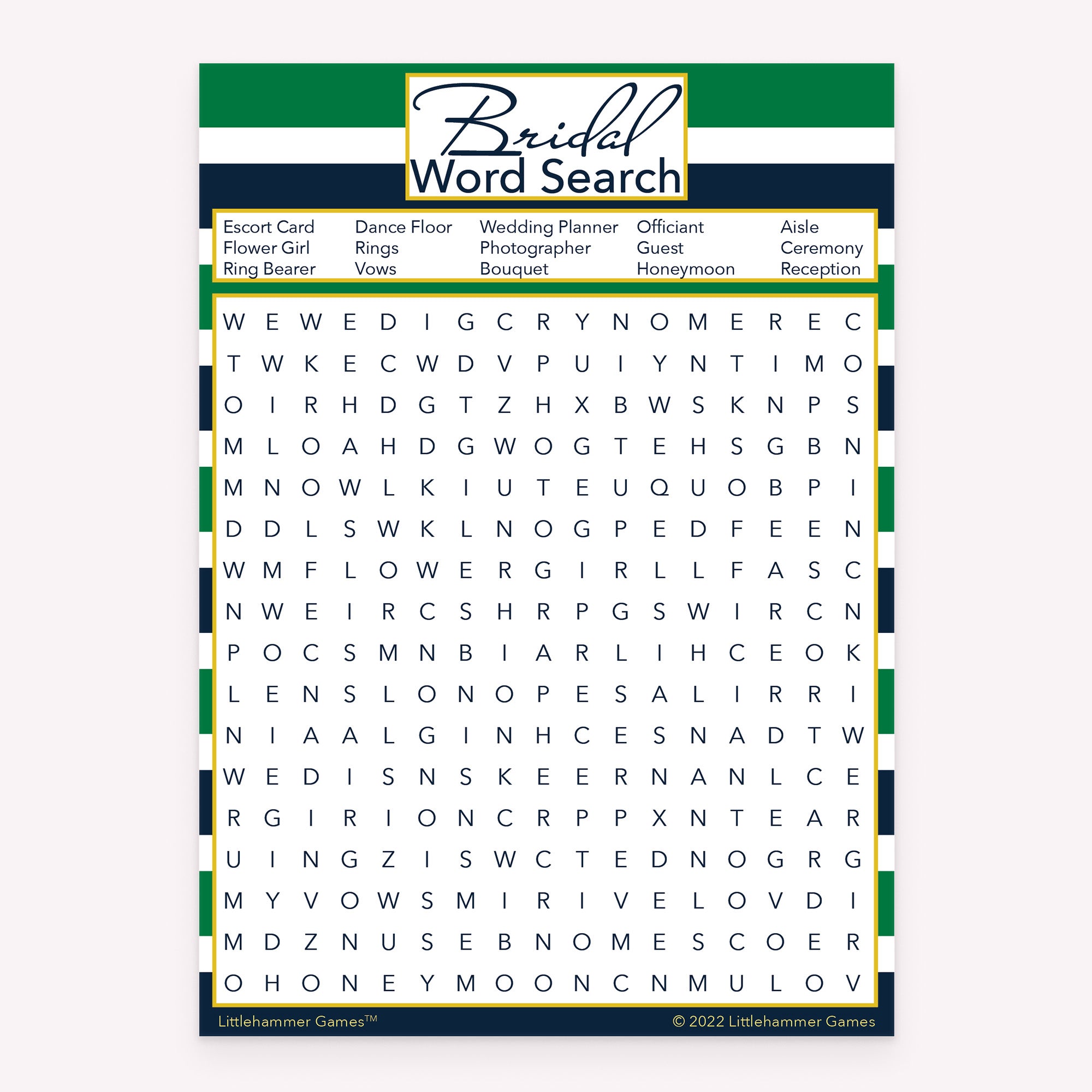 Printable bridal shower Bridal Word Search game card with green-striped design