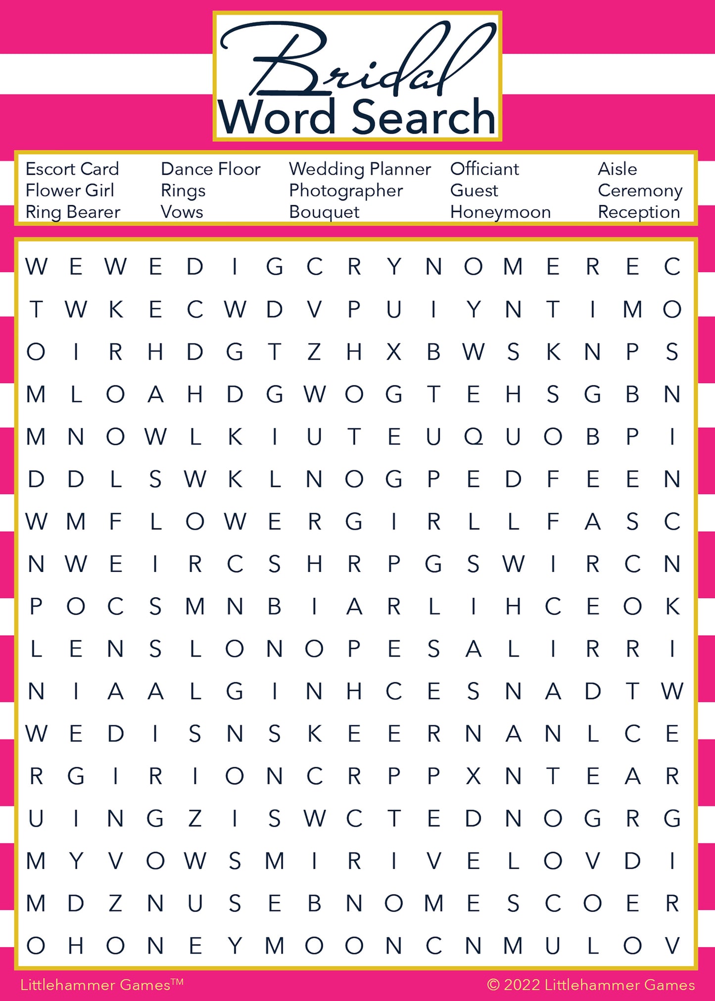 Bridal Word Search game card with a pink-striped background