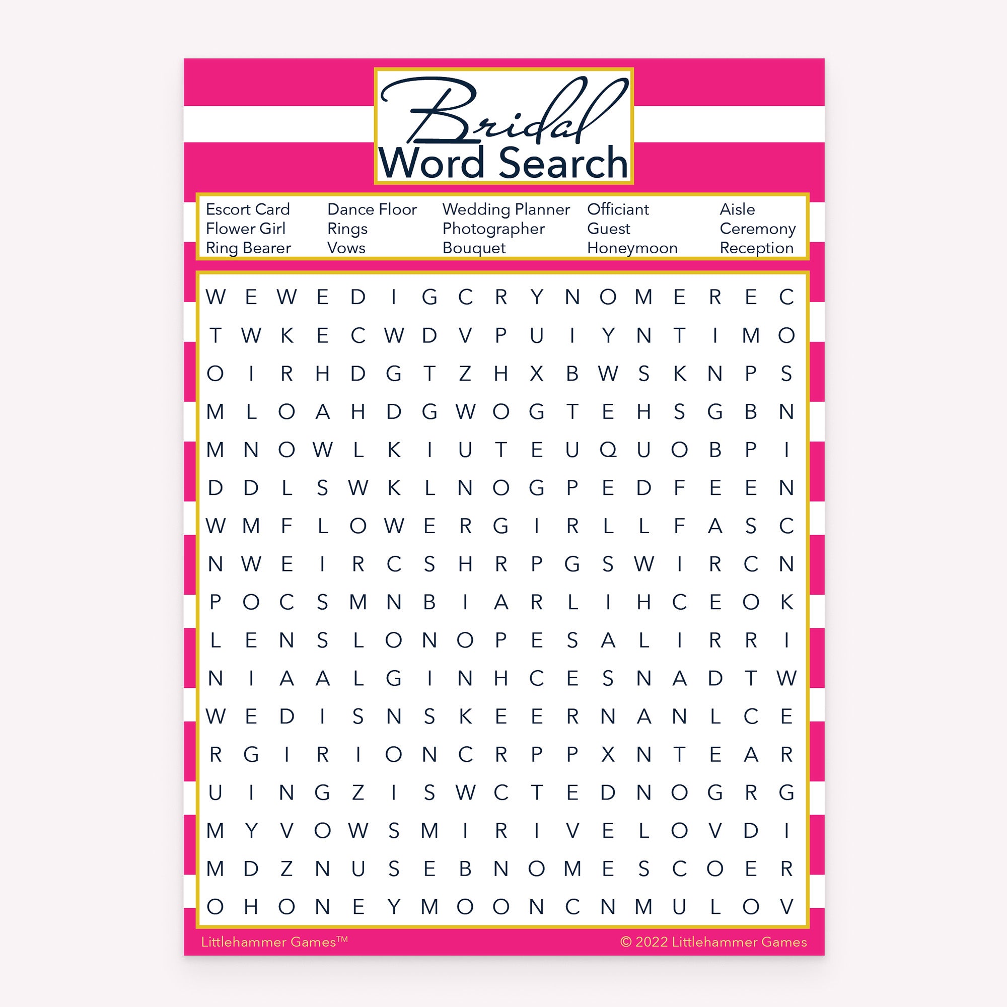 Pink stripe printable bridal shower Bridal Word Search activity card