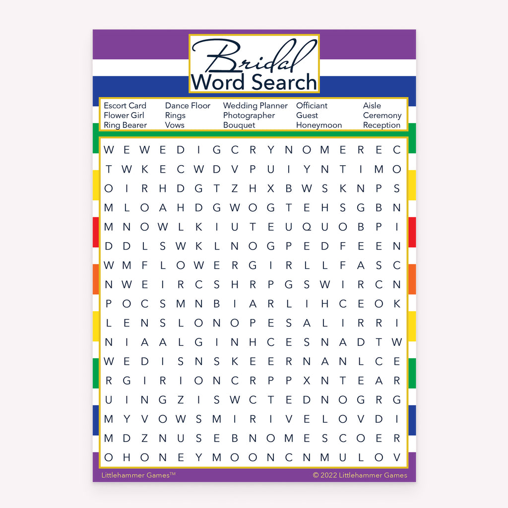 Bridal Word Search game card with a rainbow-striped background
