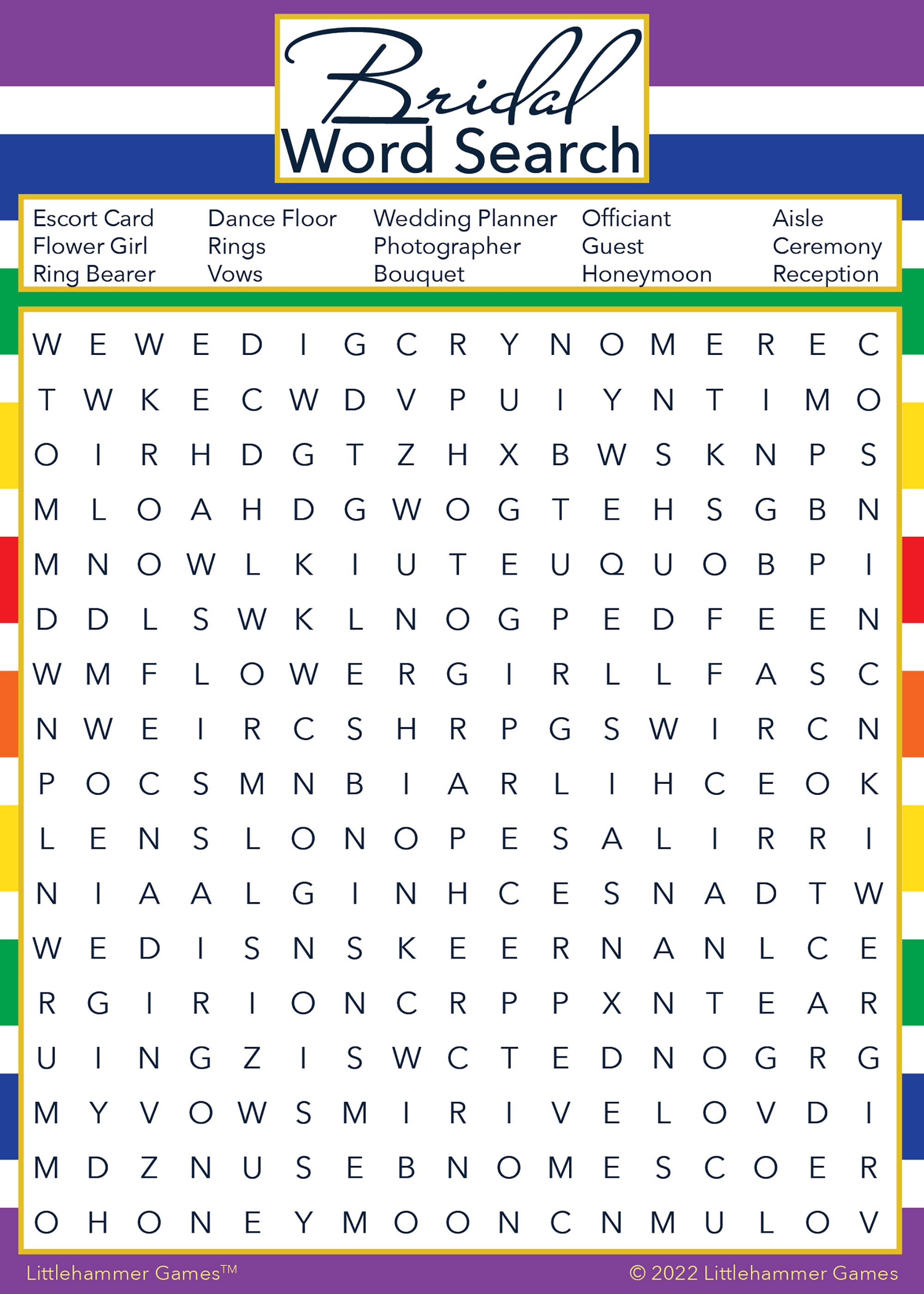 Bridal Word Search game card with a rainbow-striped background