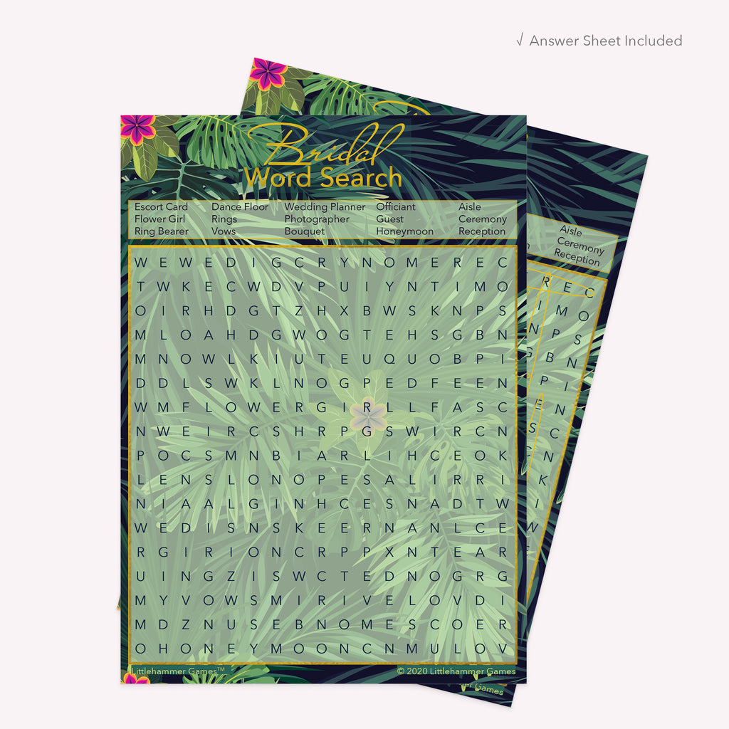 Bridal Word Search game card with a tropical-themed background with answer card tucked behind it on a slate background with white text that says "Answer Key Included"