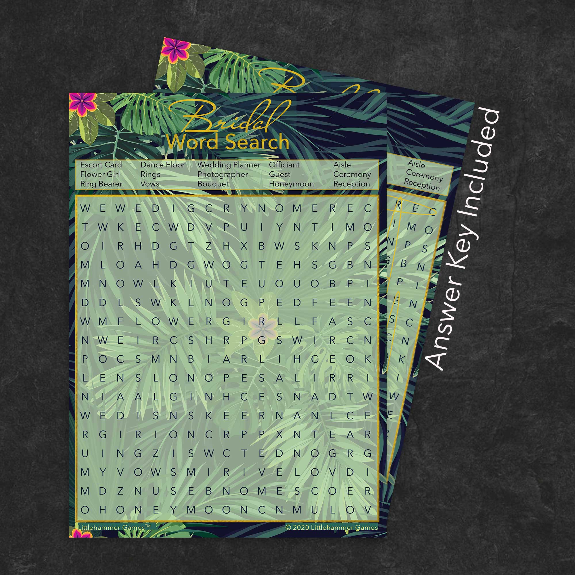 Bridal Word Search game card with a tropical-themed background with answer card tucked behind it on a slate background with white text that says "Answer Key Included"