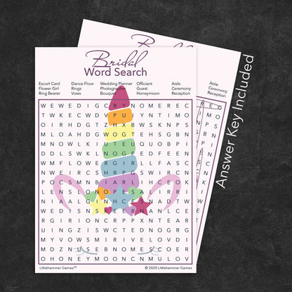 Bridal Word Search game card with a unicorn-themed background with answer card tucked behind it on a slate background with white text that says "Answer Key Included"