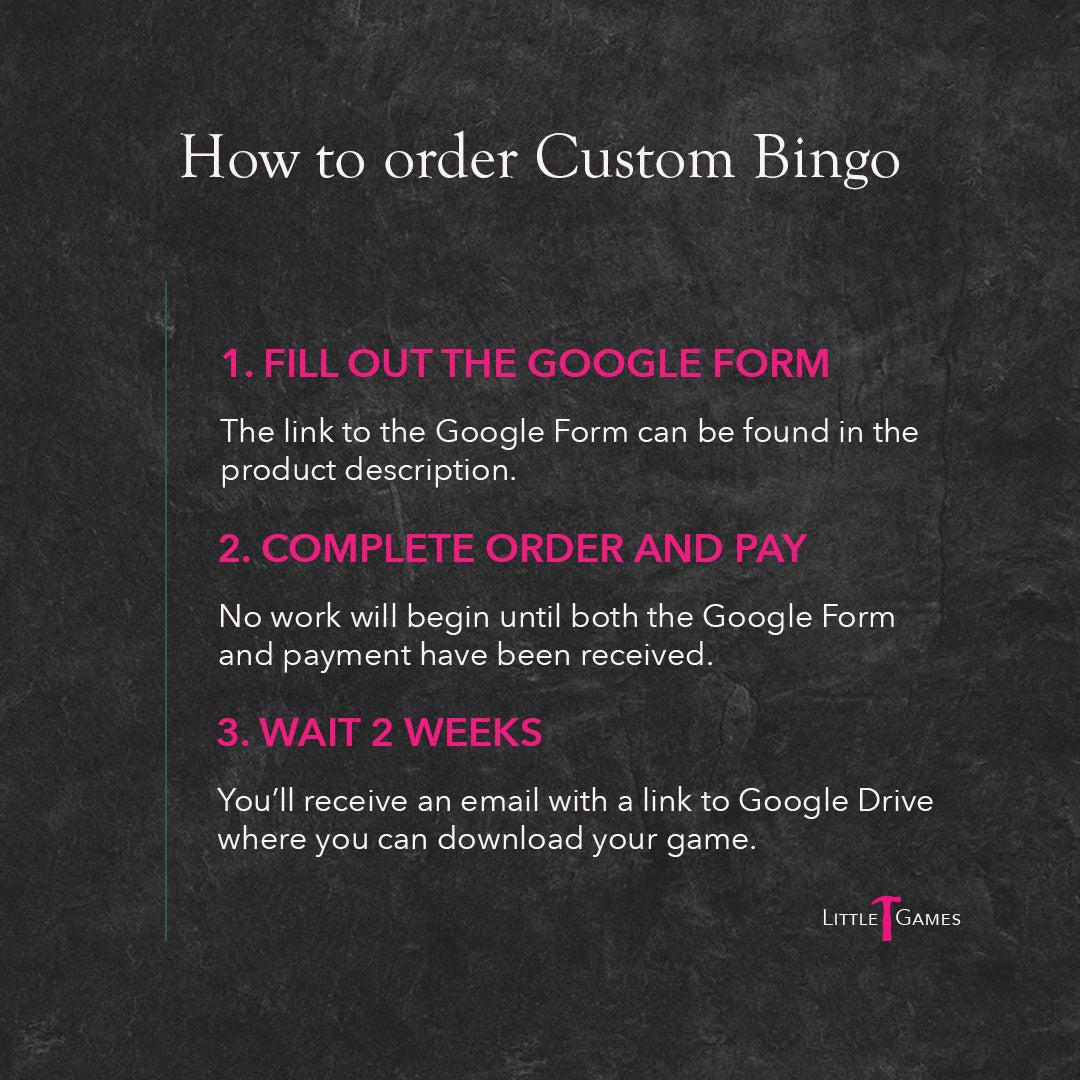 Pink and white text on a slate background explaining the process to order Custom Bingo