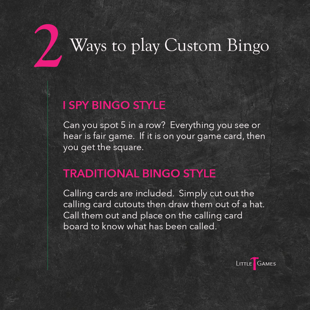 Pink and white text on a slate background explaining the 2 ways to play Custom Bingo as either I Spy or Traditional style