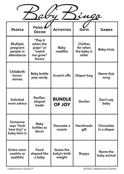 Baby Bingo game card with black text on a white background