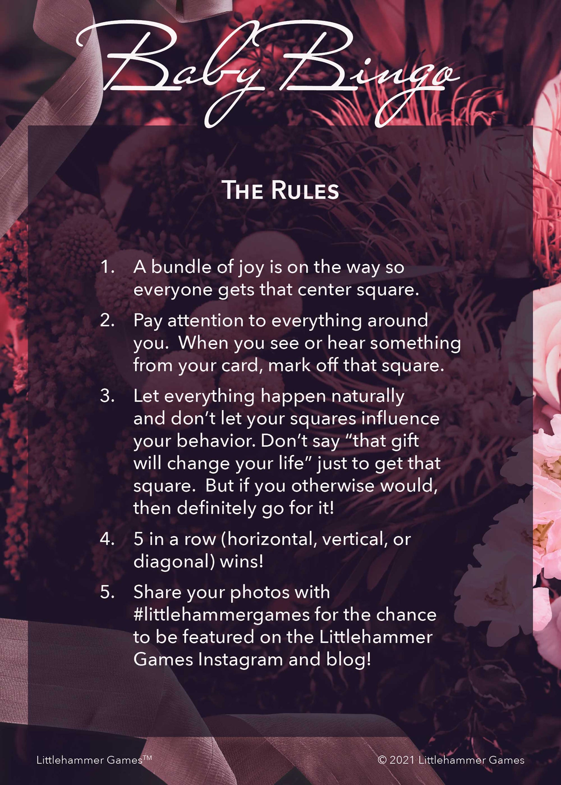 Baby Bingo rules card with a dark floral background