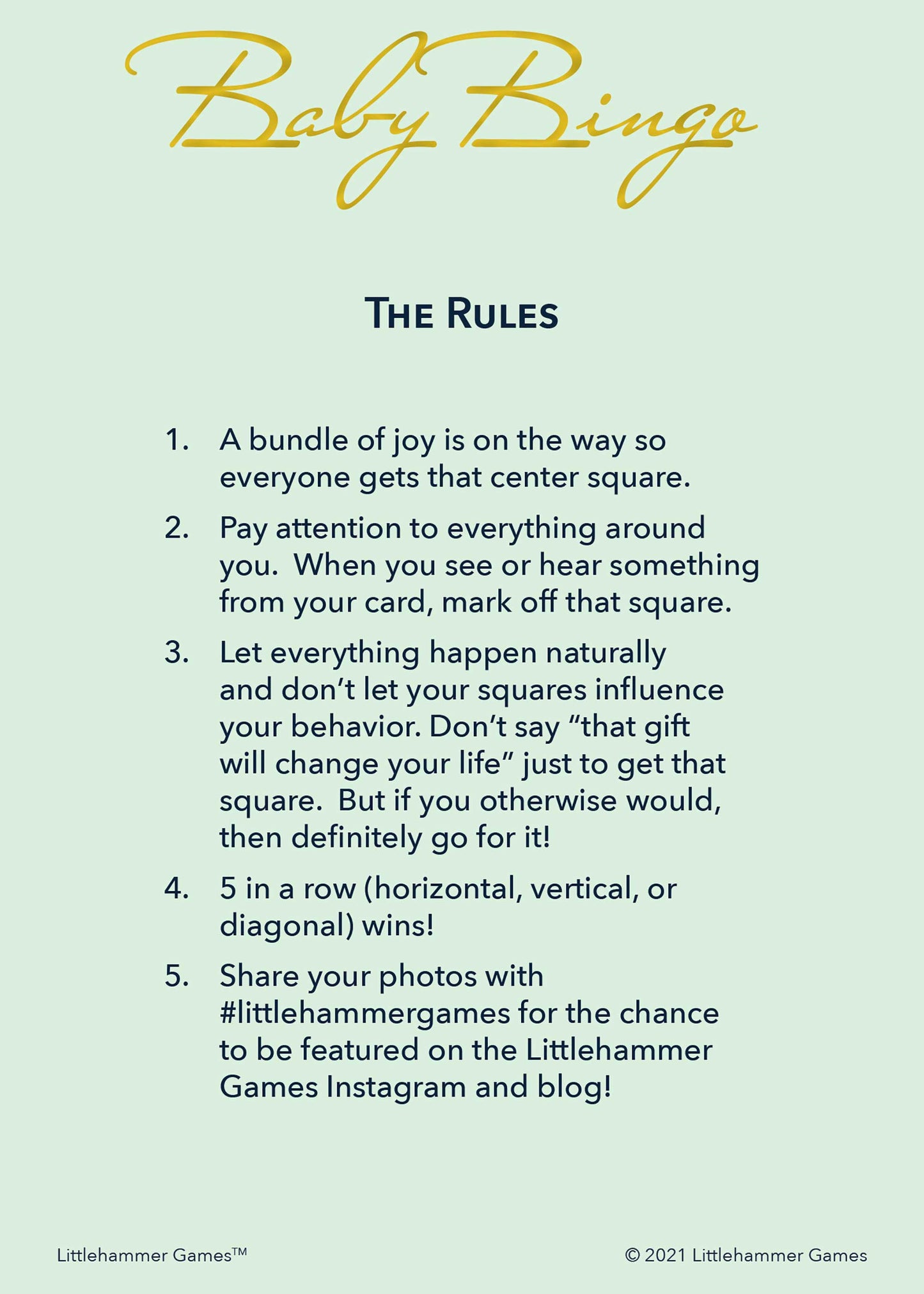 Baby Bingo rules card with gold text on a mint background