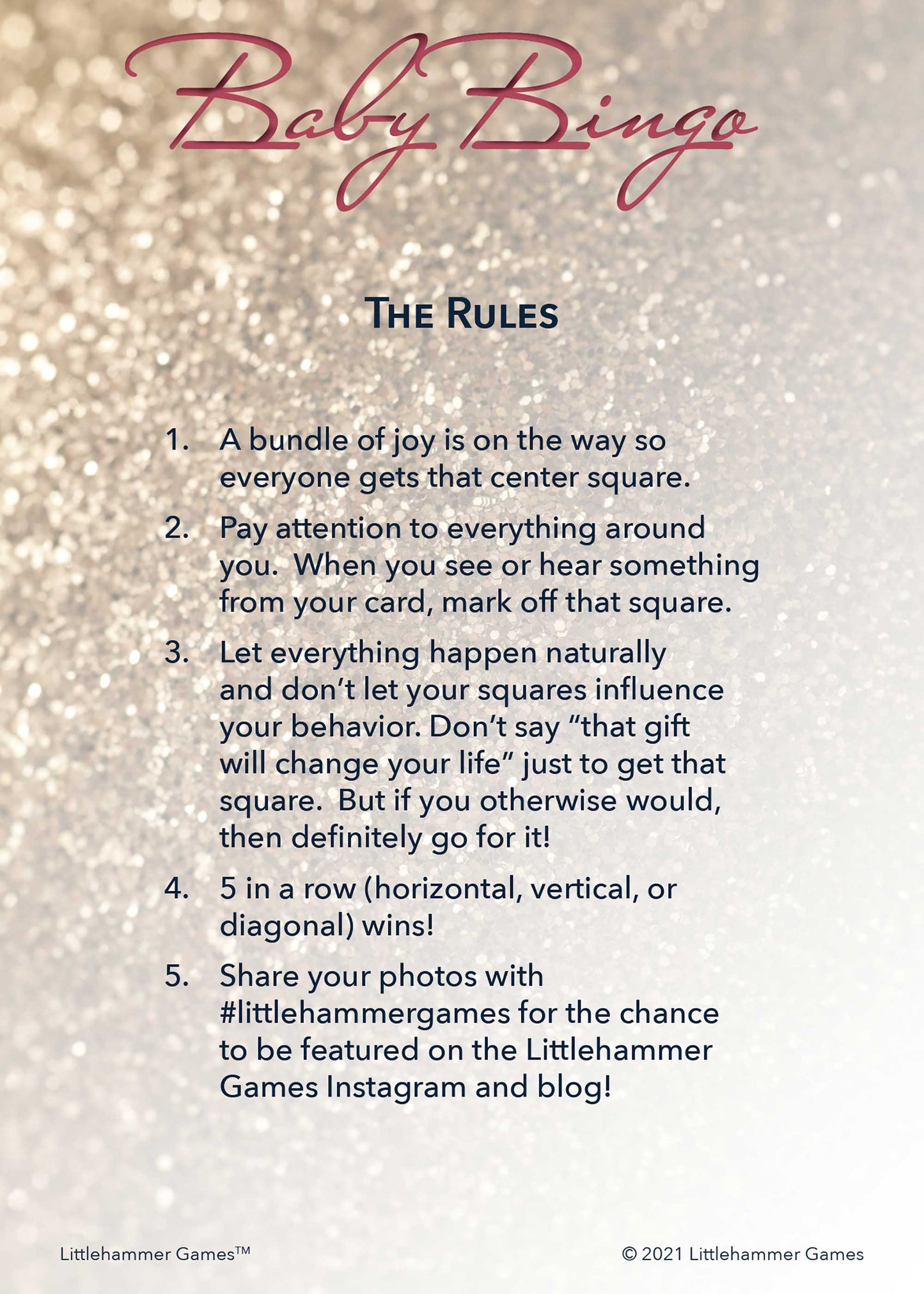 Baby Bingo rules card with a glittery rose gold background