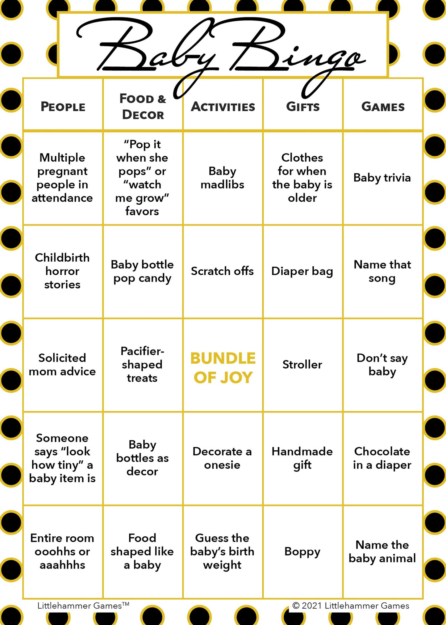 Baby Bingo game card on a black and gold polka dot background