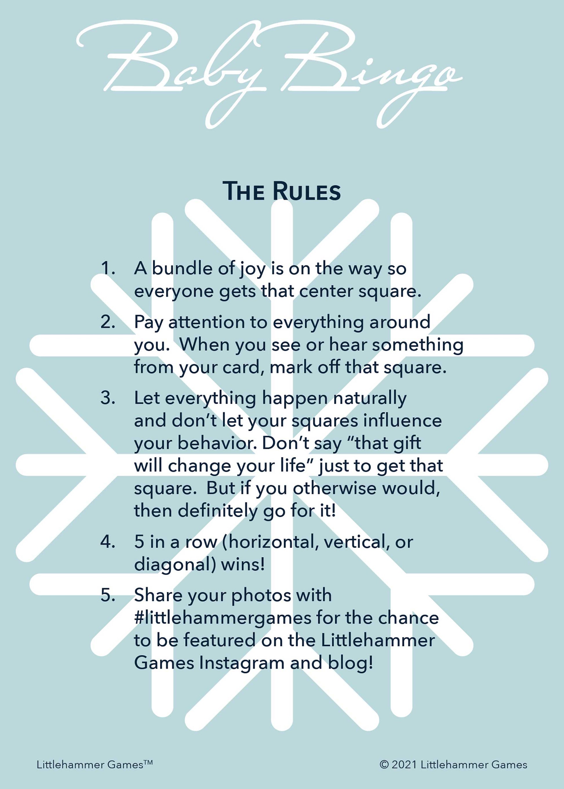Baby Bingo rules card with a light blue snowflake background