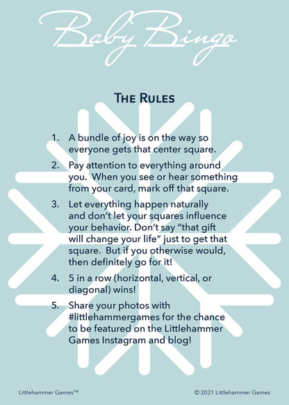 Baby Bingo rules card with a light blue snowflake background