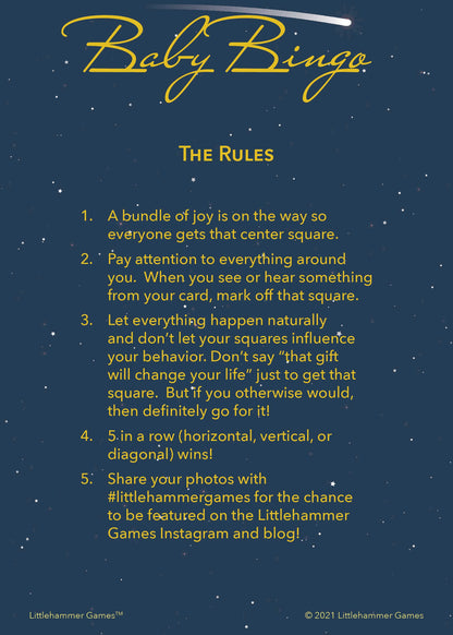 Baby Bingo rules card with gold text on a celestial background