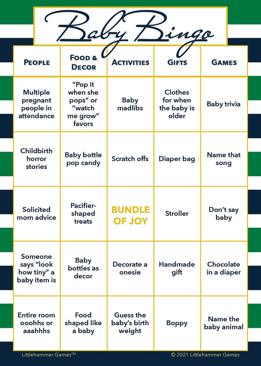 Baby Bingo game card on a green and navy-striped background