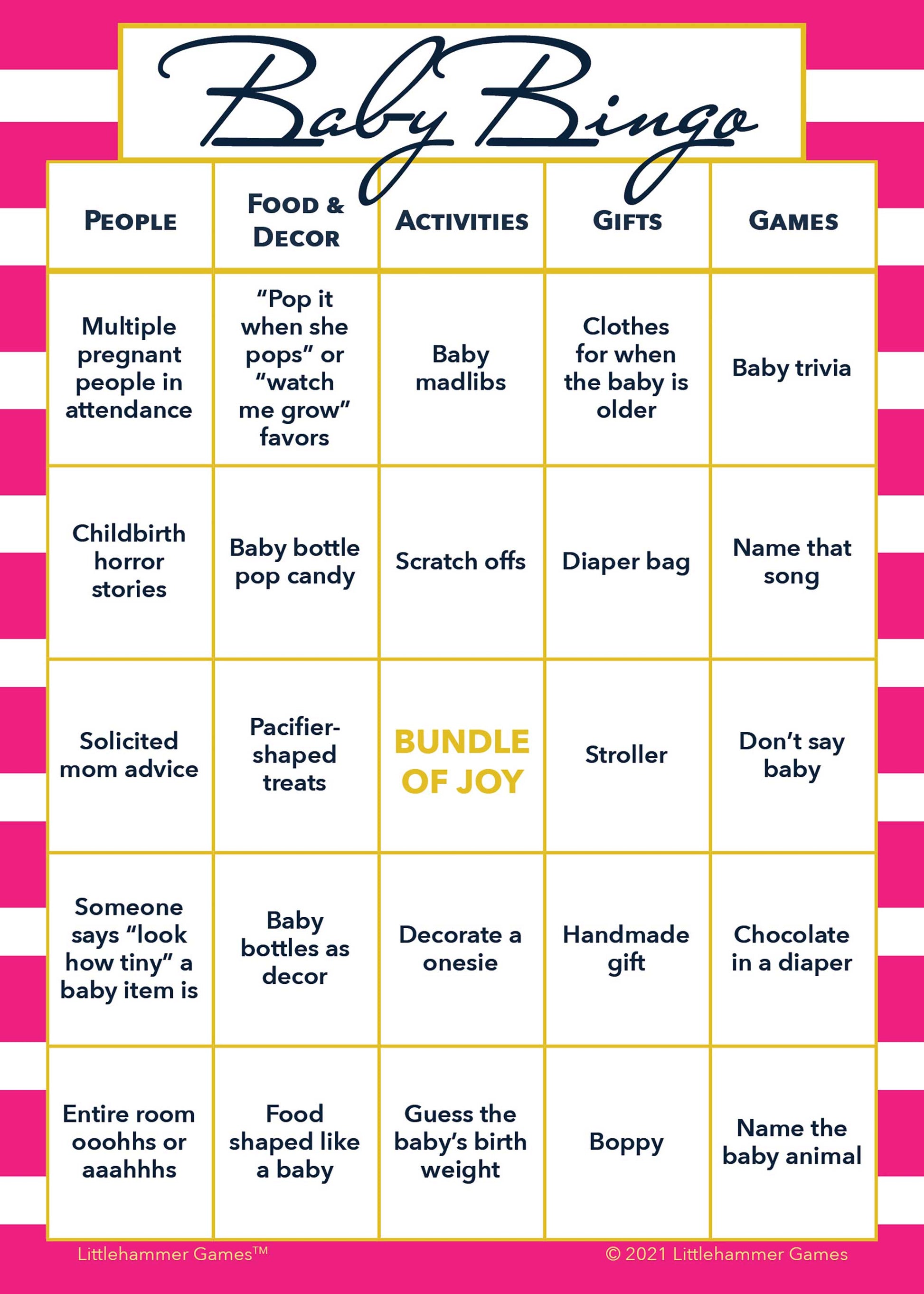 Baby Bingo game card on a pink-striped background