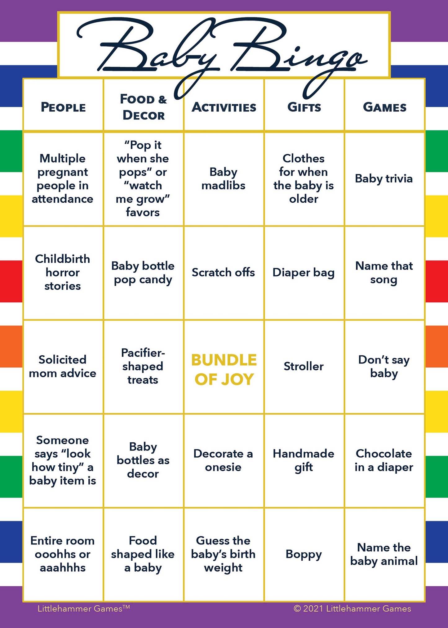Baby Bingo game card on a rainbow-striped background
