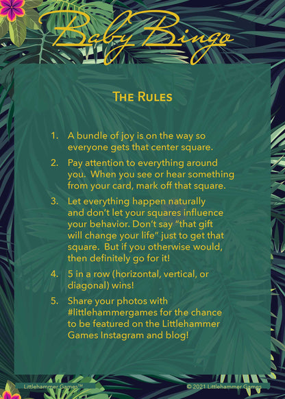 Baby Bingo rules card with gold text on a tropical leaves background